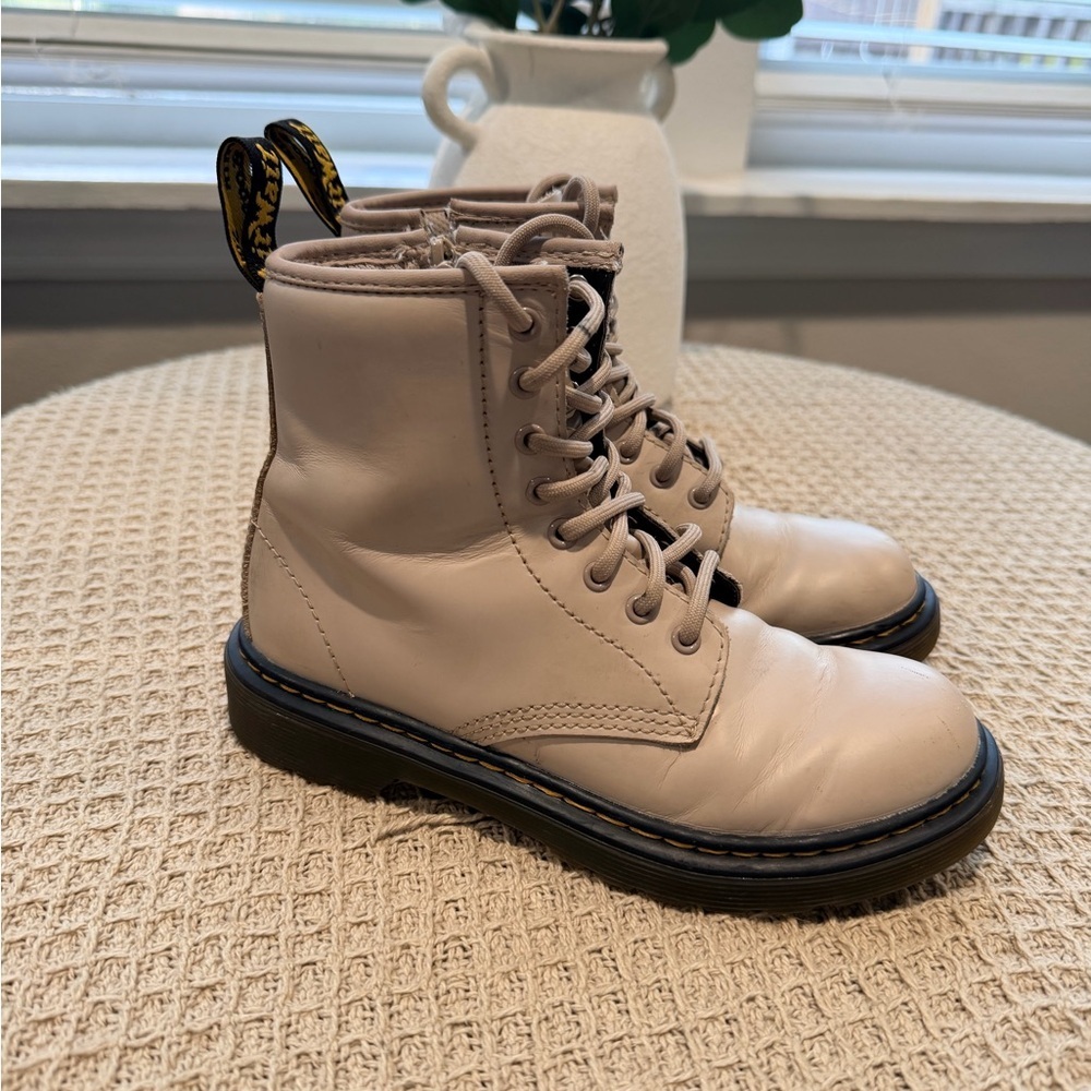 Dr. Martens Cream Leather Kids' Lace-Up Boot Interior Label Visible